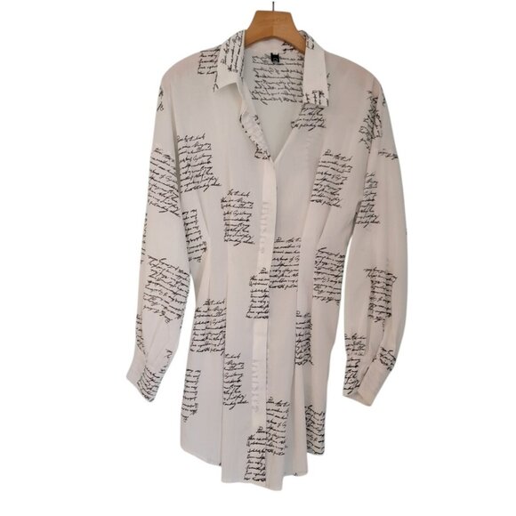 Womens CBR Long Sleeve Button Up Tunic Sz S Oversize Top Writing Script Pattern‎ - Picture 1 of 10